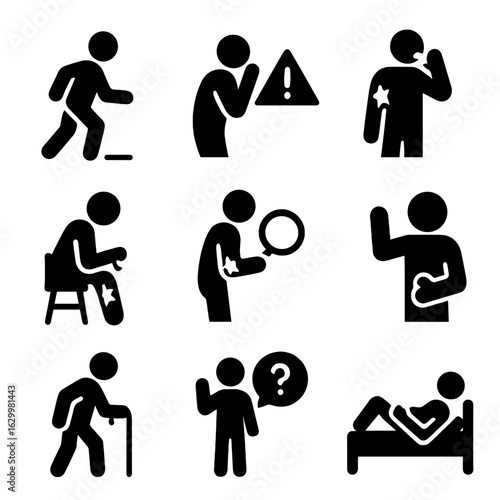 Bruise Care Icons. Solid, filled icon set of bruise-related activities: walking carefully, avoiding bumping, reporting pain,