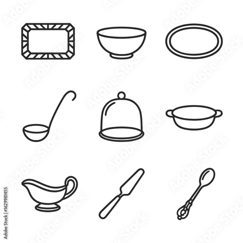 Elegant Serveware Icons. Outline icon set of elegant serveware: crystal tray, porcelain bowl, silver platter, gold ladle, glass