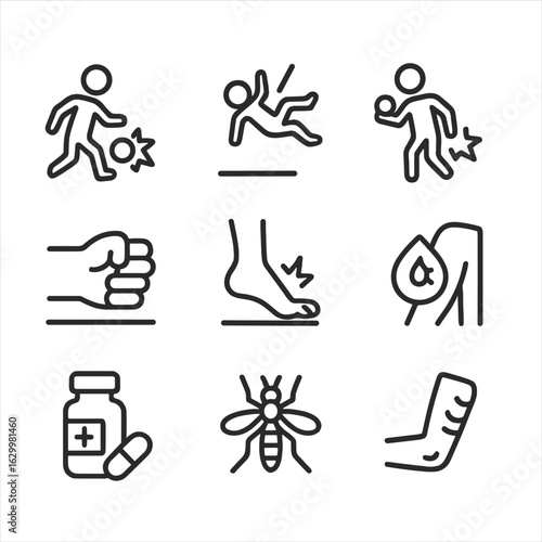 Icons of Bruise Causes. Outline icon set of causes of bruises: bump, fall, sports injury, impact, crush injury, blood disorder,
