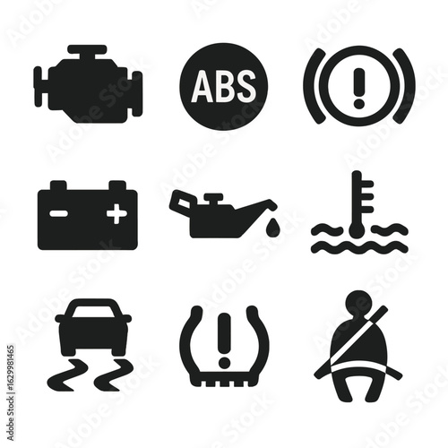 Car Dashboard Warning Icons. Solid, filled icons set of Automotive warning and info lights: check engine, ABS,