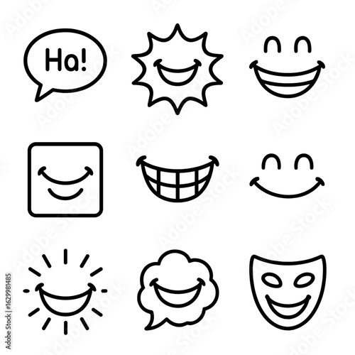 Comic Smile Icons. Outline icon set of comic smiles: speech bubble with “Ha!”, comic burst smile, cartoon character grin, panel