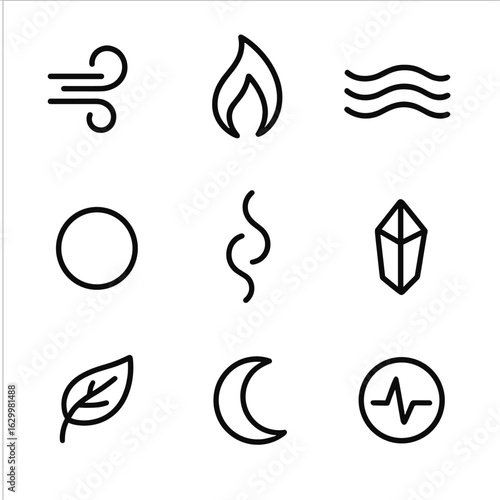 Elemental Icons Grid. Outline icon set of spirit elements: wind swirl, flame wisp, water ripple, earth pulse, ether ring, spirit