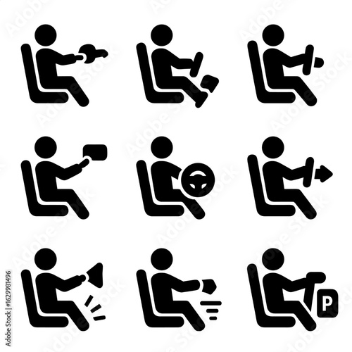 Car Driver Actions. Solid, filled icons set of car driver actions: turning key, pressing pedal, shifting gears