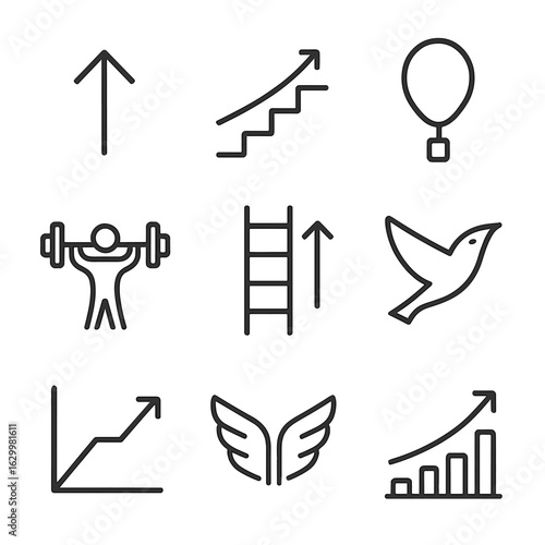 Elevate Icon Set. Outline icon set of elevate: upward arrow, ascending stairs, rising balloon, flying rocket, lifting weights,