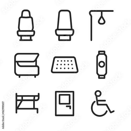 Bus Interior Icons. Outline icon set of bus interior elements: driver seat, passenger seat, handrail, overhead compartment, bus