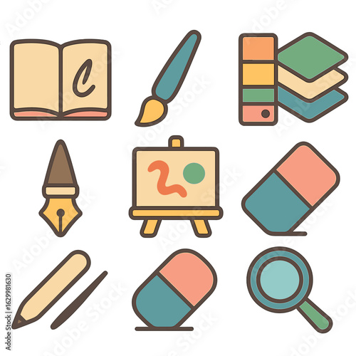Children's Art Tools. Flat vector mini-illustrations digital illustration practice in colors children's illustrations: sketchbook,