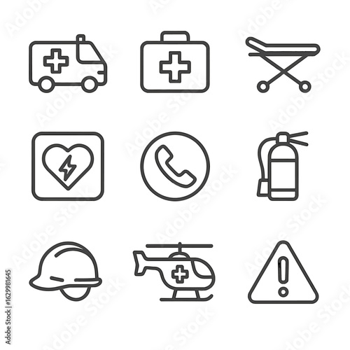 Emergency Icons Set. Outline icon set of emergency response: ambulance, first aid kit, stretcher, defibrillator, emergency phone,