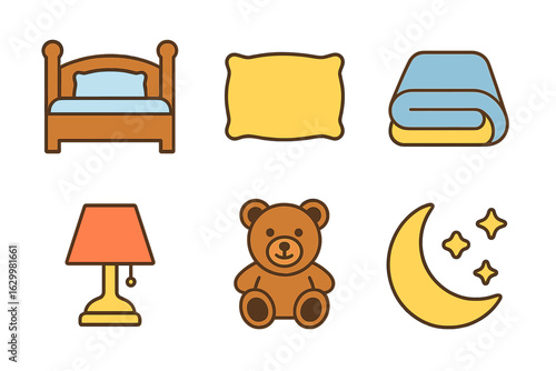 Children's Bedtime Icons. Flat vector mini-illustrations bedtime items in colors children's illustrations: bed, pillow, blanket,