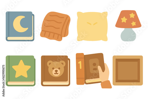 Children's Bedtime Icons Grid. Flat vector mini-illustrations bedtime story nook in colors children's illustrations: moon badge