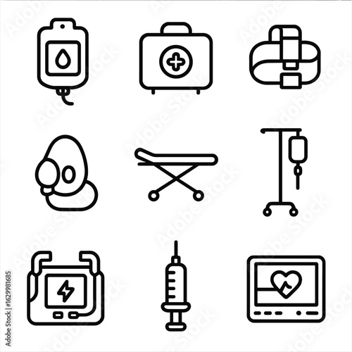 Emergency Equipment Icons. Outline icon set of emergency transfusion equipment: emergency blood bag, trauma kit, tourniquet,