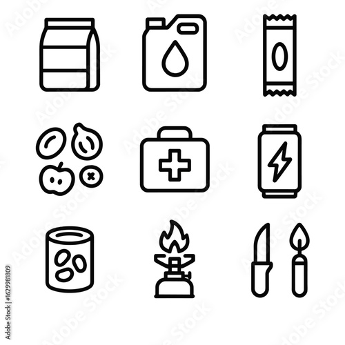 Emergency Ration Icons. Outline icon set of emergency rations: survival food, water container, protein bar, dried fruits, first