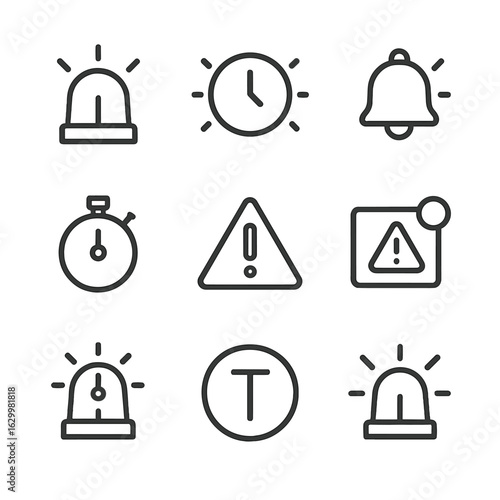 Emergency Time Icons. Outline icon set of emergency time: alarm siren, flashing clock, urgent bell, countdown timer, warning icon,
