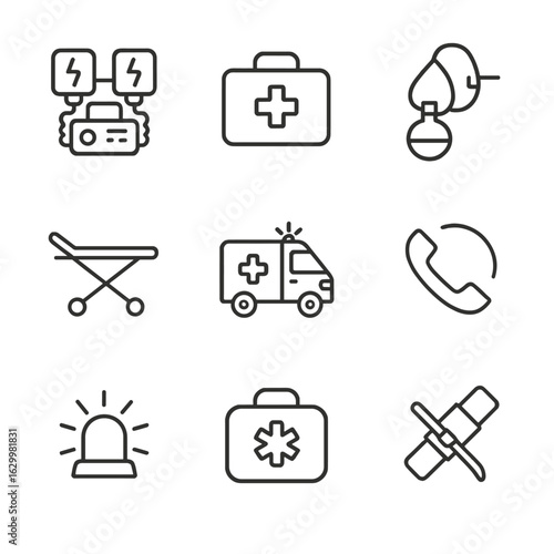 Emergency Tools Icons. Outline icon set of doctor emergency tools: defibrillator, first aid kit, oxygen mask, stretcher, ambulance