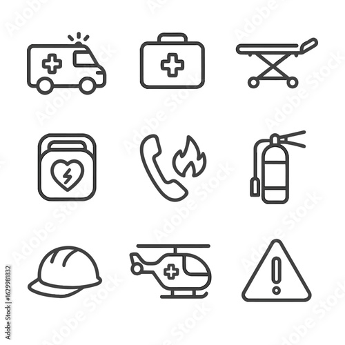 Emergency Icons Set. Outline icon set of emergency response: ambulance, first aid kit, stretcher, defibrillator, emergency phone,