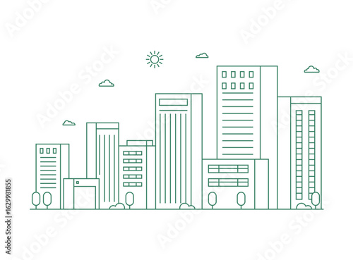 Cityscape. Modern flat line landscape vector. City landscape line art illustration with building, tower, skyscrapers. Vector illustration.