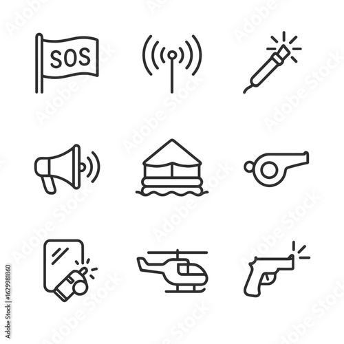 Emergency Signal Icons. Outline icon set of emergency sea signals: SOS flag, radio signal, distress flare, megaphone, life raft,
