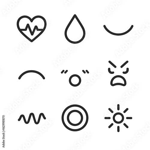Emotional Icon Set. Outline icon set of emotional traces: heart pulse, tear drop, smile curve, frown line, blush mark, anger flare
