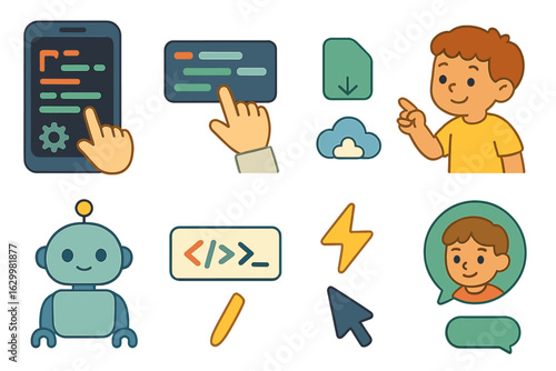 Children's Code Editor Icons. Flat vector mini-illustrations mobile code editor app in colors children's illustrations: smartphone