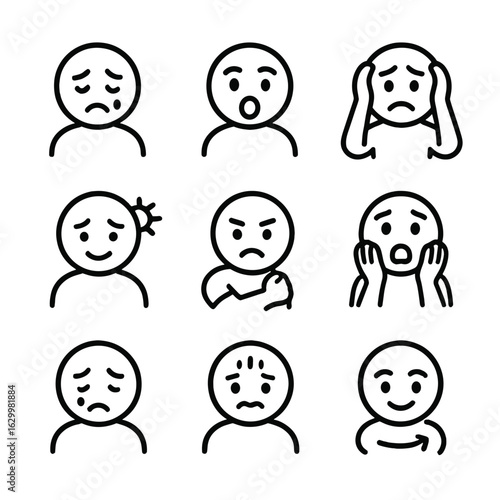 Emotional Icon Set. Outline icon set of aftermath emotions: sadness, shock, despair, hope, resilience, fear, grief, anxiety,