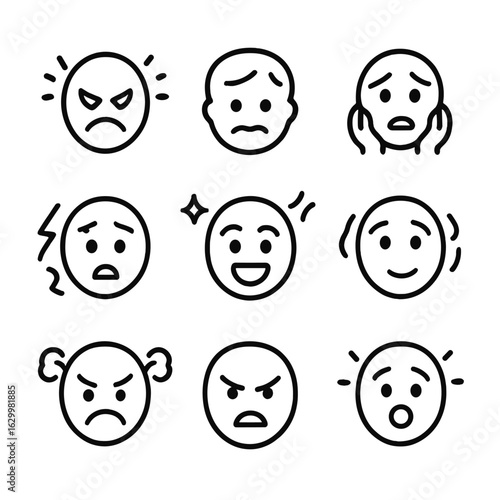 Emotional Icon Set. Outline icon set of rumble emotions: anger, tension, anxiety, fear, excitement, anticipation, frustration,