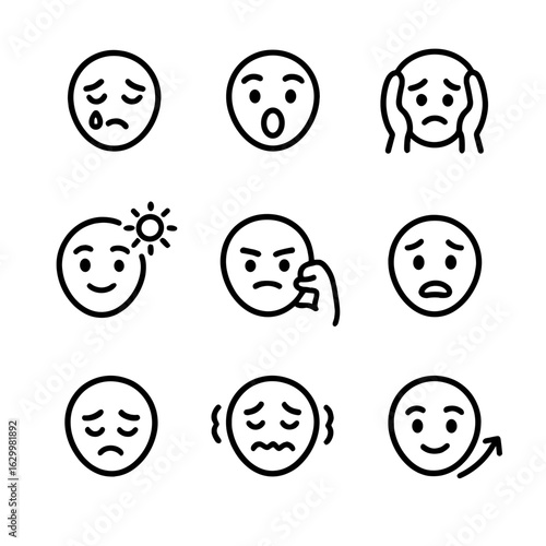 Emotional Icon Set. Outline icon set of aftermath emotions: sadness, shock, despair, hope, resilience, fear, grief, anxiety,