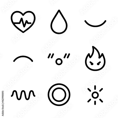 Emotional Icon Set. Outline icon set of emotional traces: heart pulse, tear drop, smile curve, frown line, blush mark, anger flare