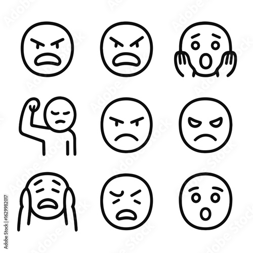 Emotional Icon Set. Outline icon set of violent emotions: anger, rage, fear, aggression, hatred, frustration, panic, pain, shock.