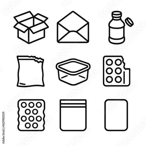 Empty Packaging Icons. Outline icon set of empty packaging: open cardboard box, open envelope, unsealed bottle, torn package,