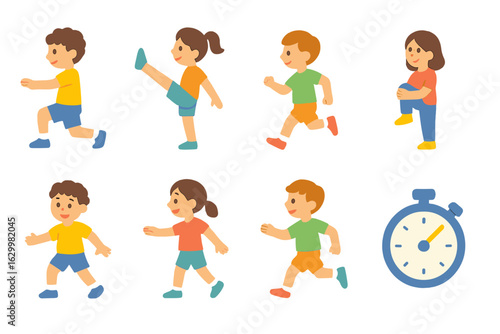 Children's Exercise Icons. Flat vector mini-illustrations dynamic flexibility drills in colors children's illustrations: walking