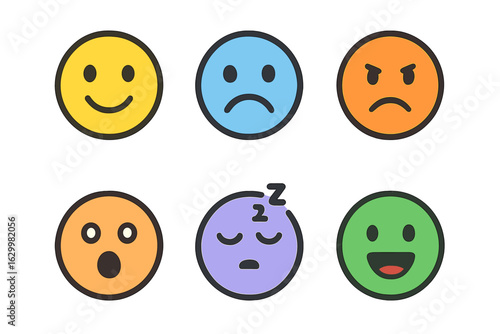 Children's Emotion Icons. Flat vector mini-illustrations emotions in colors children's illustrations: happy face, sad face, angry