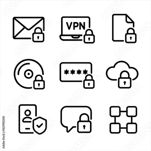 Encryption Icon Set. Outline icon set of encryption applications: secure email, VPN, file encryption, disk encryption, password