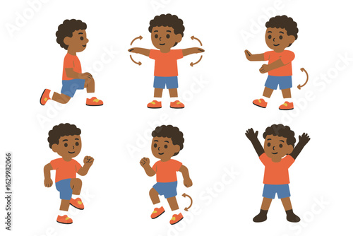 Children's Exercise Icons. Flat vector mini-illustrations athlete stretch warm up routine in colors children's illustrations: