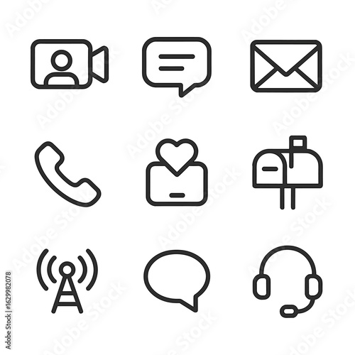 Communication Icon Set. Outline icon set of isolation communication: video call, text message, email, phone call, social media,