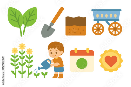 Children's Farming Icons. Flat vector mini-illustrations cover cropping practice in colors children's illustrations: cover crop