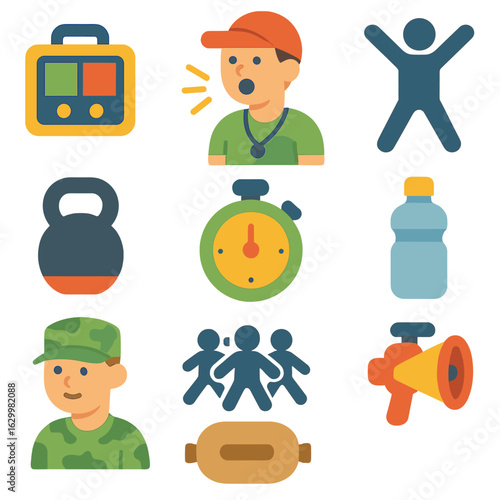Children's Fitness Illustrations. Flat vector mini-illustrations HIIT instructors timing intervals in colors children’s