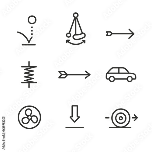 Energy and Resonance Icons. Outline icon set of kinetic energy: bouncing ball, swinging pendulum, spinning top, spring compress,