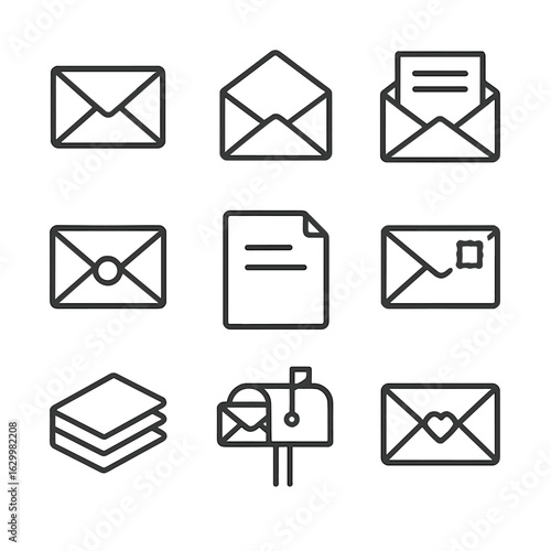 Envelope Icon Set. Outline icon set of letter envelopes: closed envelope, open envelope, envelope with letter peeking, sealed