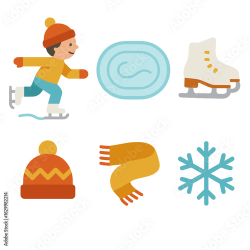Children's Ice Skating Icons. Flat vector mini-illustrations of ice skating in colors children’s illustrations: skater gliding,