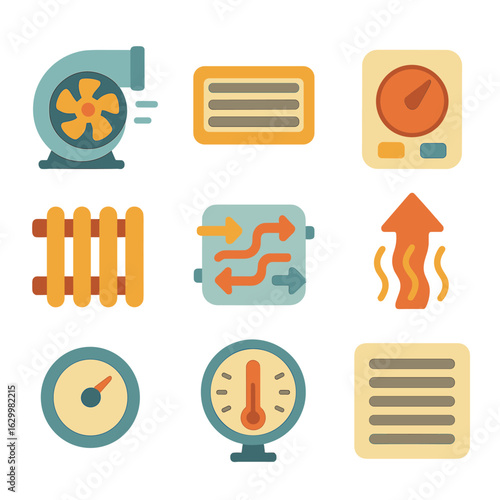 Children's Heating Icons. Flat vector mini-illustrations heat distribution systems in colors children's illustrations: blower fan,
