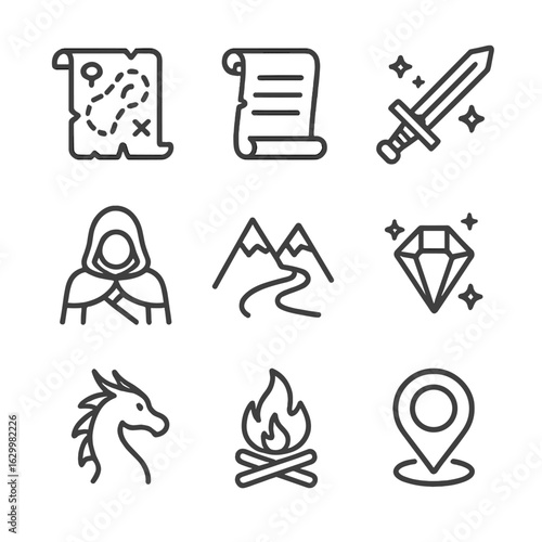Epic Quest Icons. Outline icon set of epic quest: treasure map, ancient scroll, enchanted sword, hooded traveler, mountain pass,