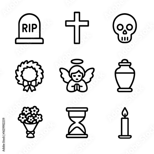 Epitaph Icon Set. Outline icon set of epitaph: tombstone, cross, skull, candle, wreath, angel, urn, flower bouquet, hourglass.
