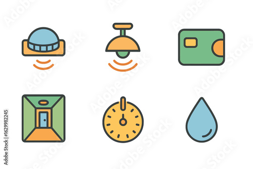 Children's Light Icons. Flat vector mini-illustrations motion-activated indoor lights in colors children's illustrations: PIR