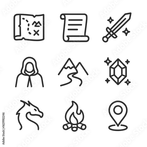Epic Quest Icons. Outline icon set of epic quest: treasure map, ancient scroll, enchanted sword, hooded traveler, mountain pass,