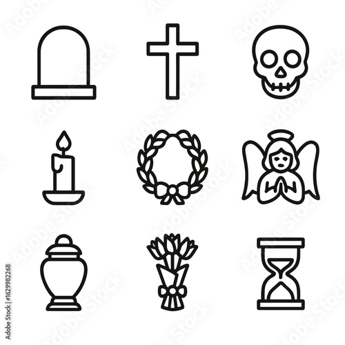 Epitaph Icon Set. Outline icon set of epitaph: tombstone, cross, skull, candle, wreath, angel, urn, flower bouquet, hourglass.