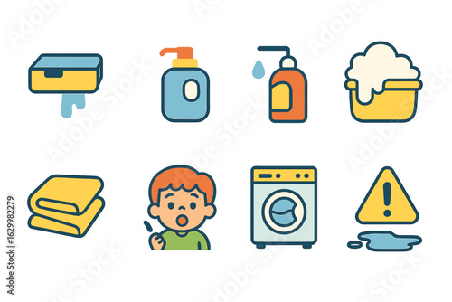 Children's Maintenance Illustrations. Flat vector mini-illustrations preventative maintenance tips in colors children's