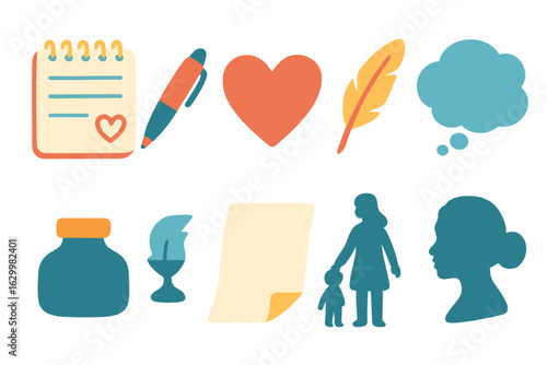 Children's Poetic Nature Walk. Flat vector mini-illustrations writing a heartfelt poem in colors children's illustrations: notepad
