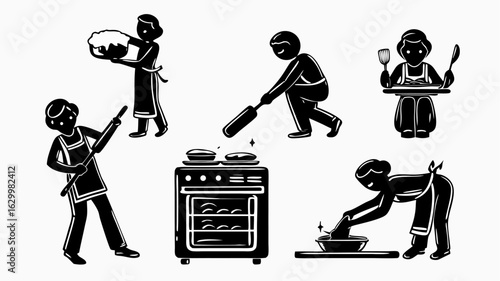 Illustrations of people baking and cooking with oven, bowl, spatula, and other kitchen utensils | editable eps vectors silhouette