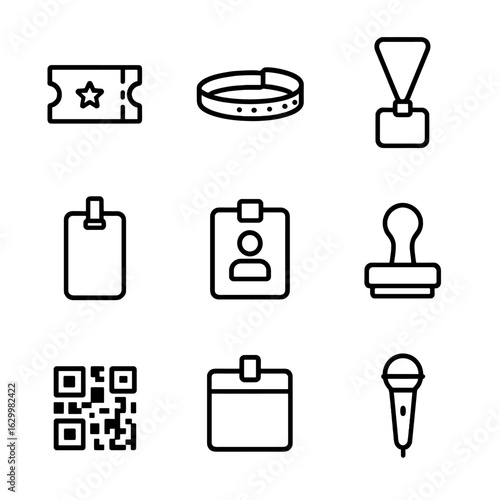 Event Badge Icons. Outline icon set of event badges: ticket, wristband, lanyard, pass, name tag, stamp, QR code, badge holder,