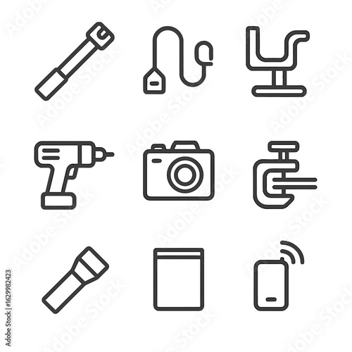 EVA Tools Icon Set. Outline icon set of EVA tools: torque wrench, safety tether, foot restraint, power drill, digital camera,