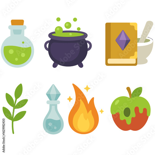 Children's Potion Icons. Flat vector mini-illustrations book of potions and enchantments in colors children's illustrations: